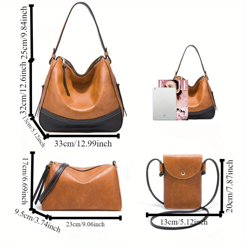 4PcsPU Leather Set, Zip Closure, Adjustable Shoulder Strap, Stylish Color-Block Tote Bag, Small Card Holder, Ideal for Daily Use