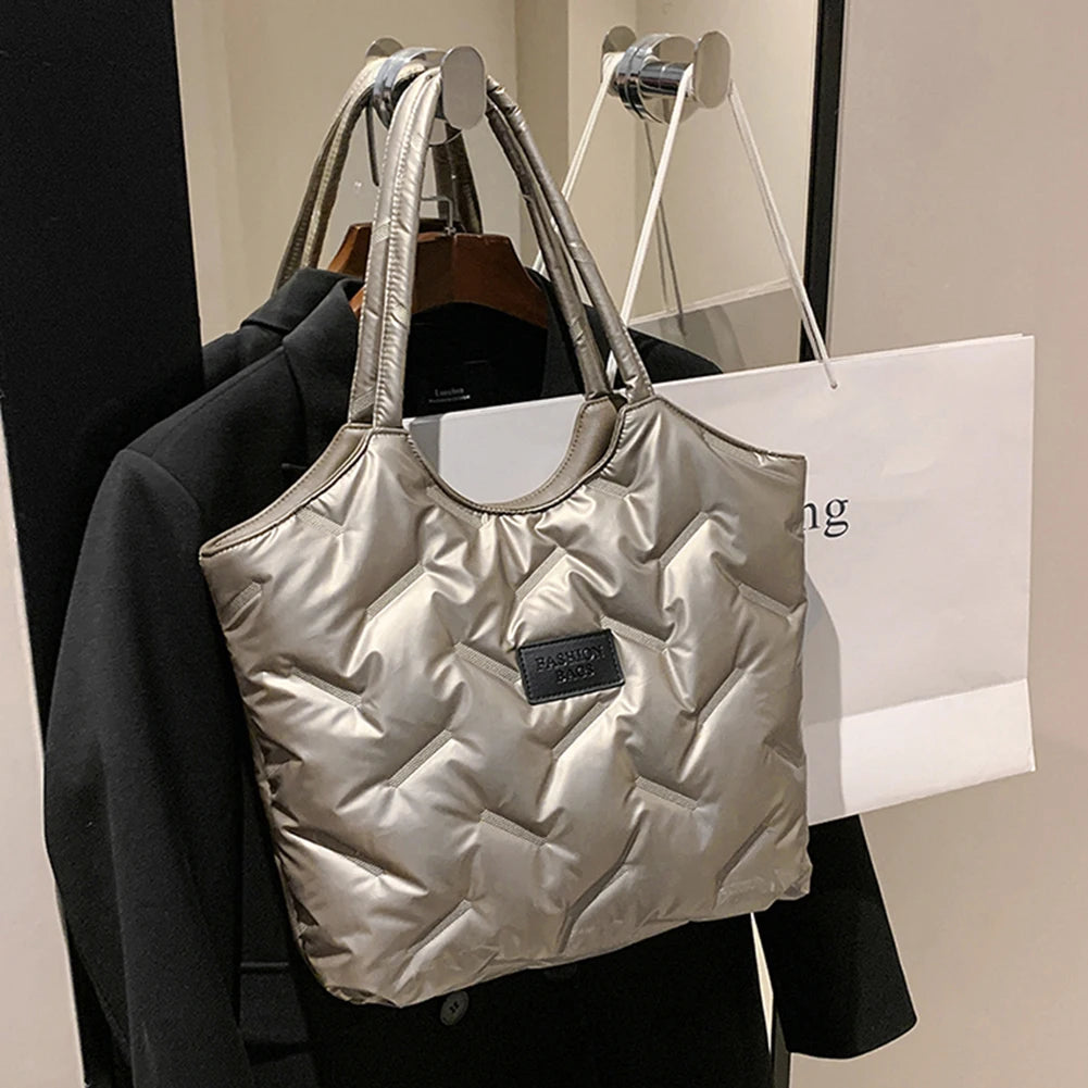 Women Solid Puffer Bag Versatile Quilted Shoulder Bag Big Capacity Down Tote Handbags Casual Winter Shopper Bag
