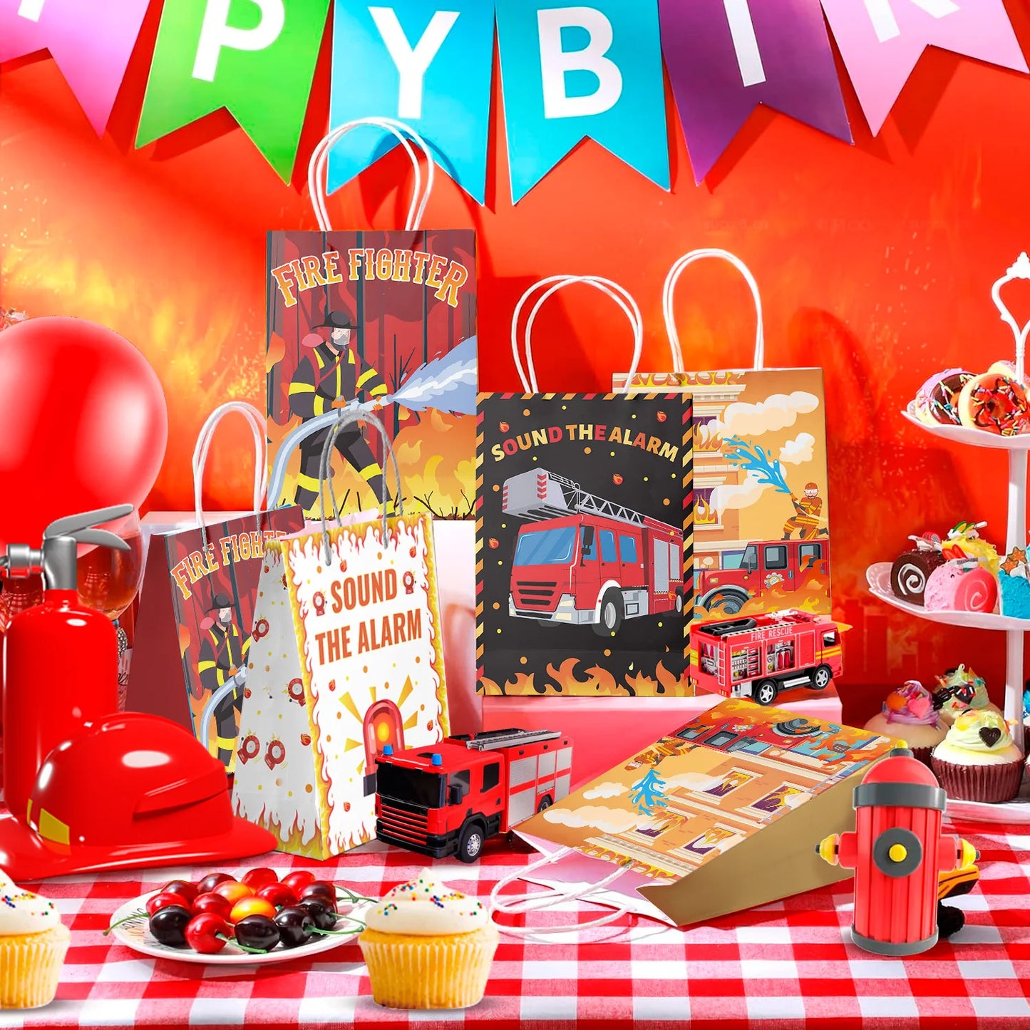 Firetruck Gift Bags,Fire Truck Party Favor Bags Set-Firetruck Birthday Gift Bags,Firefighter Party Bags&Fire Truck Goodie Bags