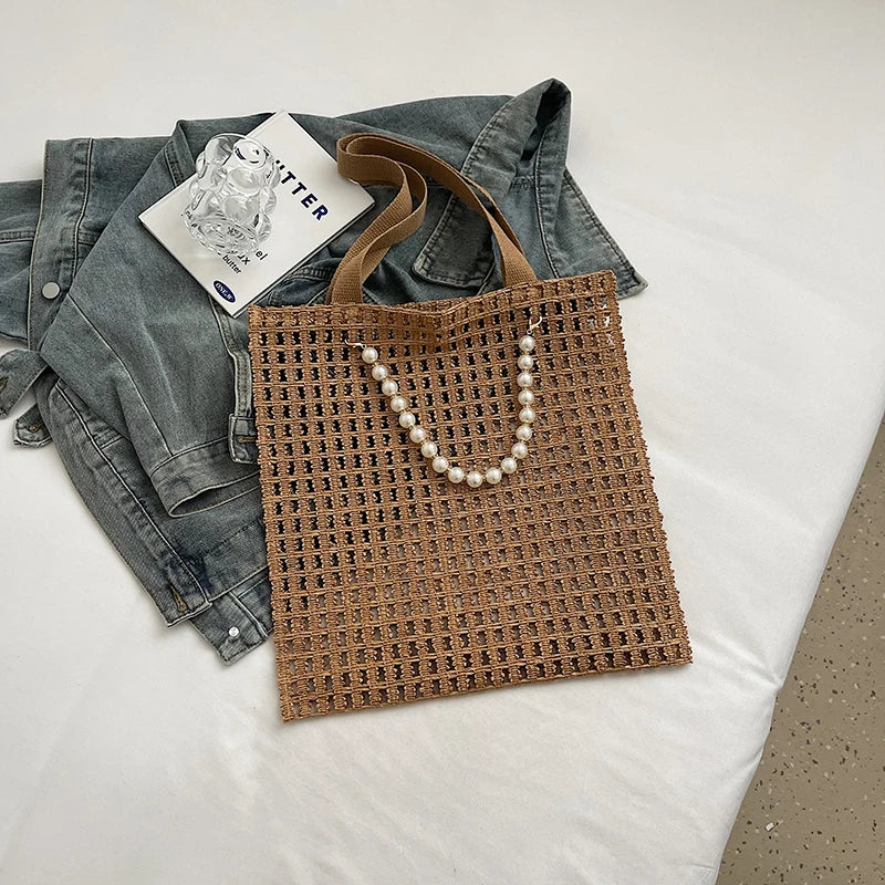 Crochet Tote Bag for Women Mesh Knit Shoulder Bag Large Capacity Woven Bag Solid Color for Travel Vacation
