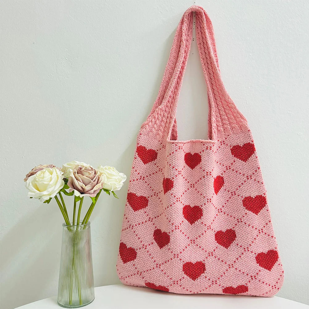 Summer Beach Bag for Women Heart Pattern Handbag Large Capacity Shoulder Bag Tote Bag for Vacation Travel