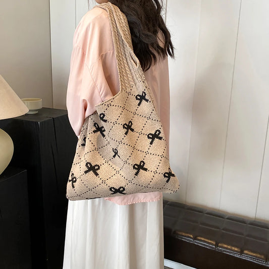 Large Capacity Women Crochet Tote Handbag Cute Shoulder Bag for Shopping Travel Daily Use Versatile Style