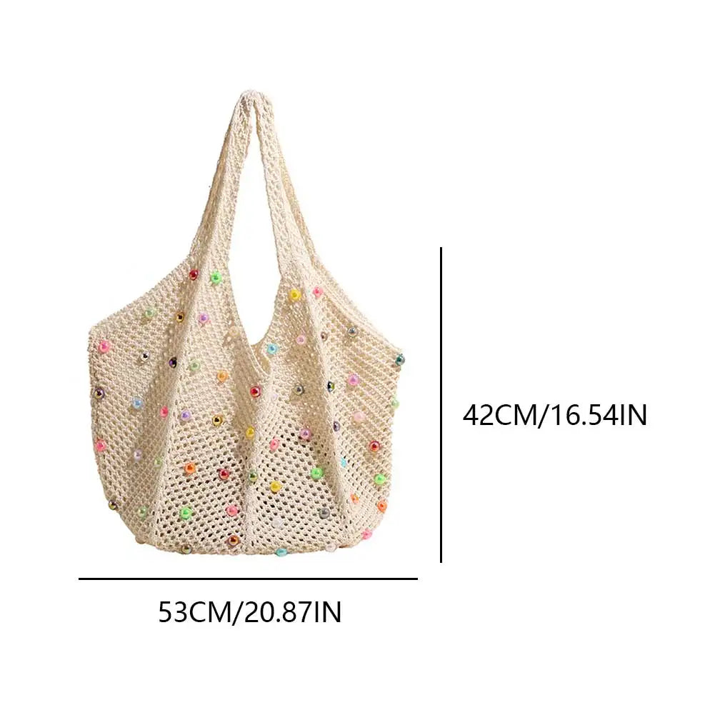 Women Boho Crochet Bag with Colored Beads Aesthetic Knit Bag Large Capacity Knitted Tote Handbag Ladies Daily Handbag