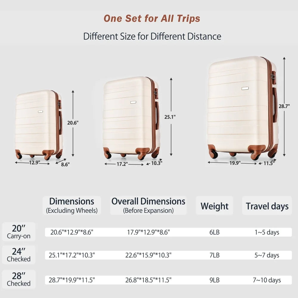 Luggage Sets 4 Piece ABS Durable Suitcase with Travel Bag Carry on Luggage Suitcase Set with 360° Spinner Wheels Ivory and Brown