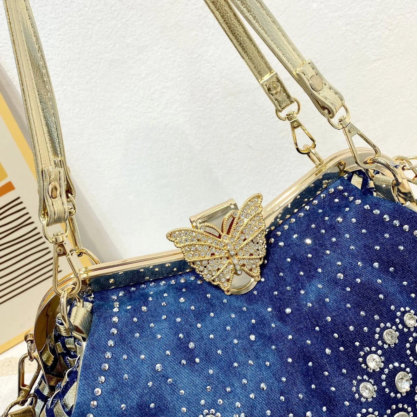 Diamond Denim Women Purses and Handbags with Shiny Rhinestone Jeans Crossbody Bag Shoulder Bag Evening Party Bag