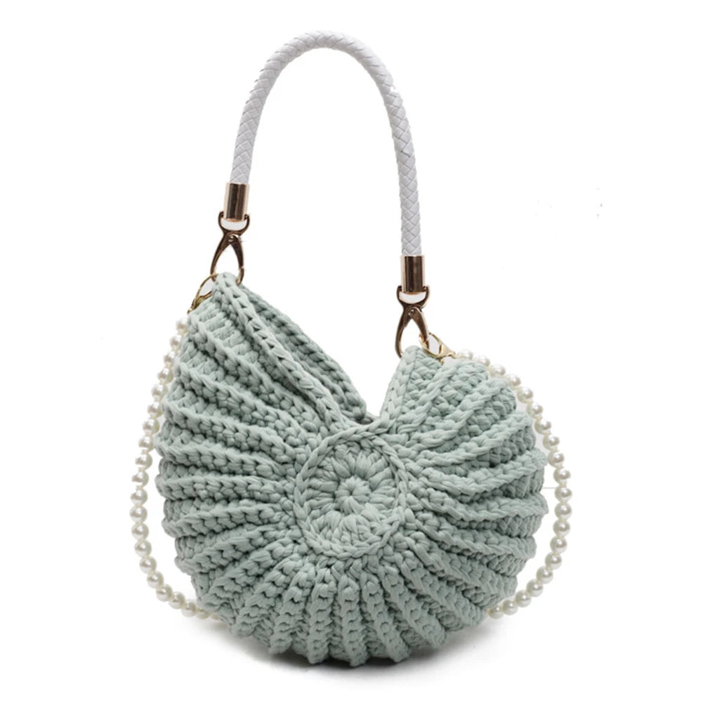 Handwoven Seashell Women Beach Shoulder Bag Solid Color Pearls Chain Crossbody Bag Multifunctional Novelty Small Handbags