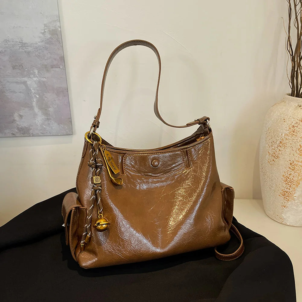 Women Casual Underarm Bag with Pendant Retro Crossbody Bag PU Leather Trendy Tote Bag Travel Shopping Work Date Bag
