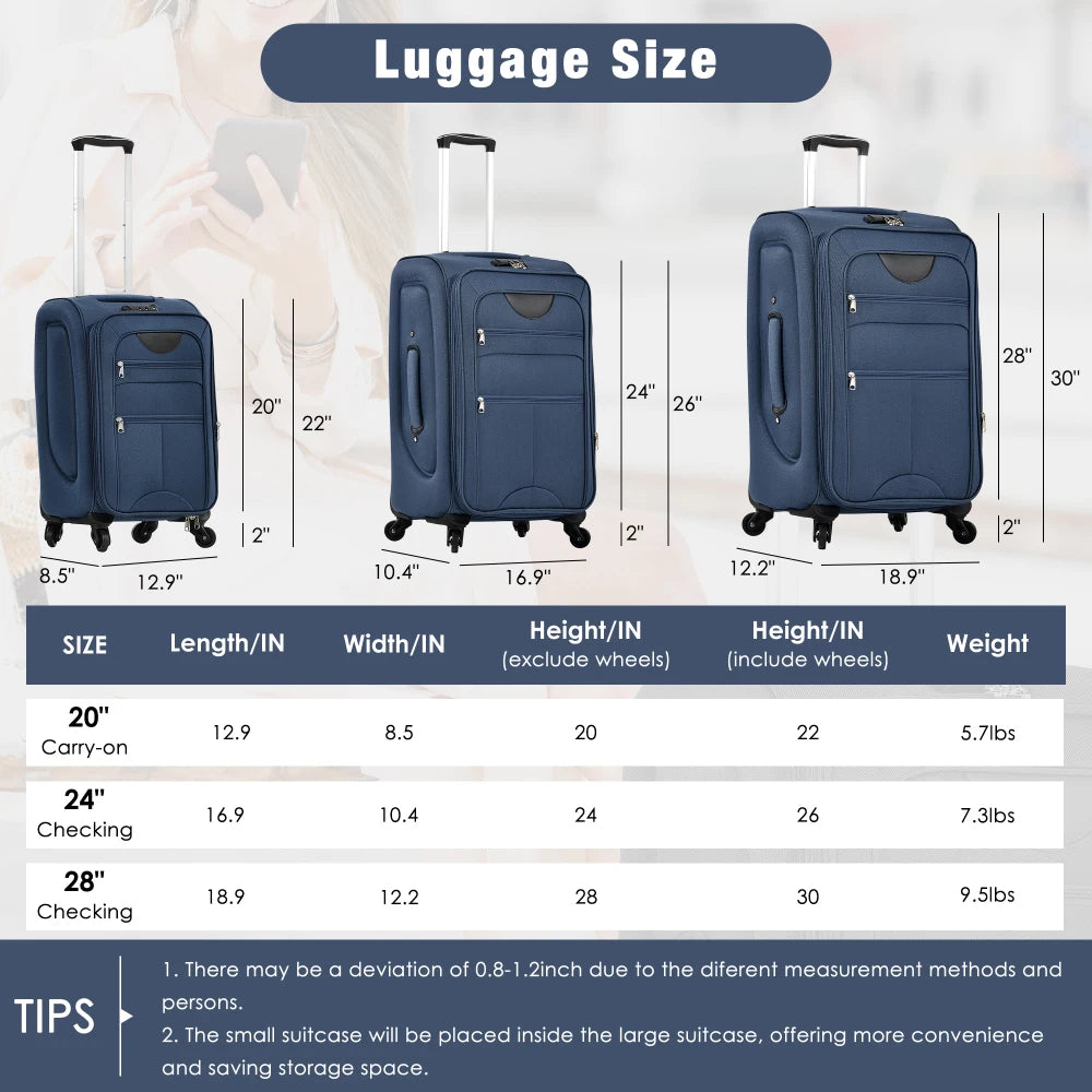 Softside Luggage Expandable 3 Piece Set Suitcase with Duffel Bag Upright Spinner Softshell Lightweight Luggage Travel Set