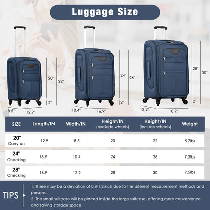 Softside Luggage Expandable 3 Piece Set Suitcase with Duffel Bag Upright Spinner Softshell Lightweight Luggage Travel Set