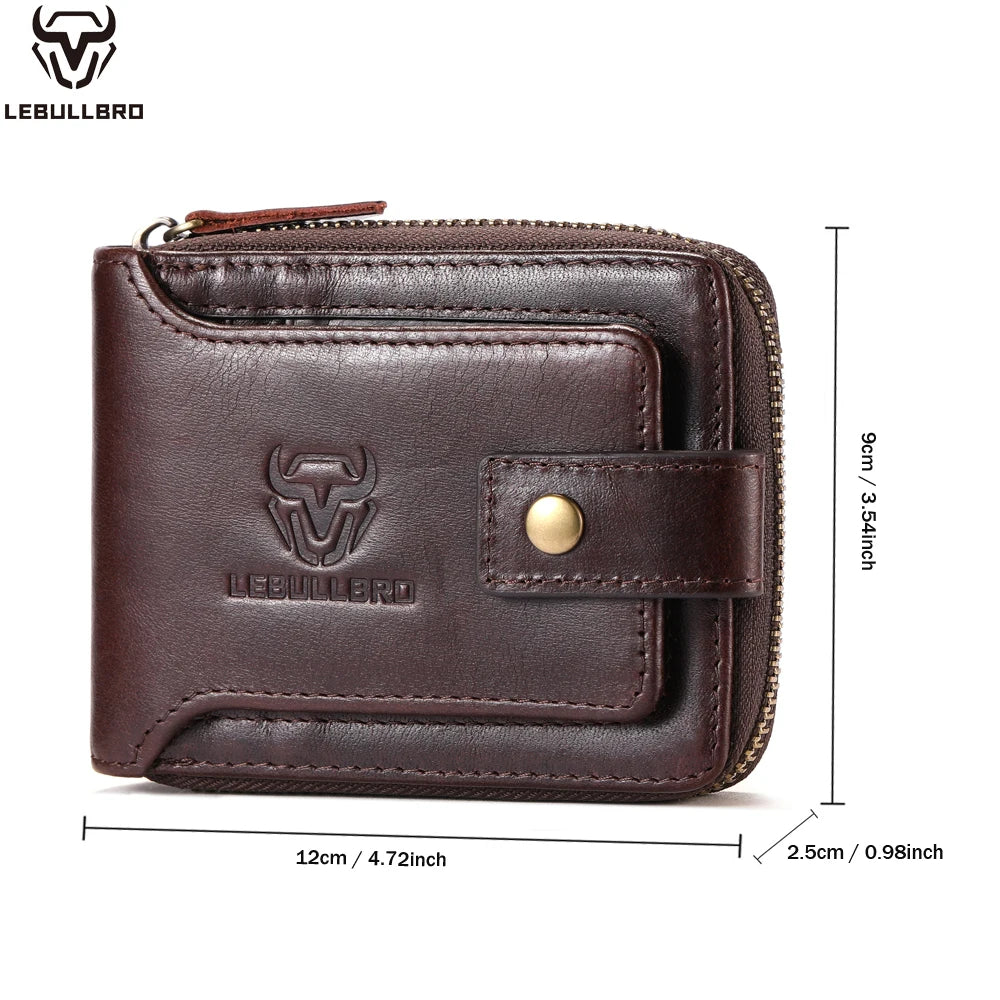 LEBULLBRO Mens Genuine Leather Zipper Wallet RFID Blocking Bifold Card Holder Wallet with coin pocket