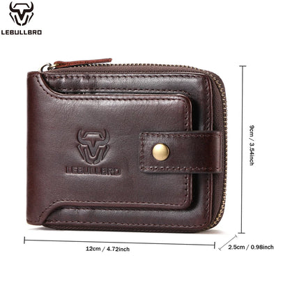 LEBULLBRO Mens Genuine Leather Zipper Wallet RFID Blocking Bifold Card Holder Wallet with coin pocket