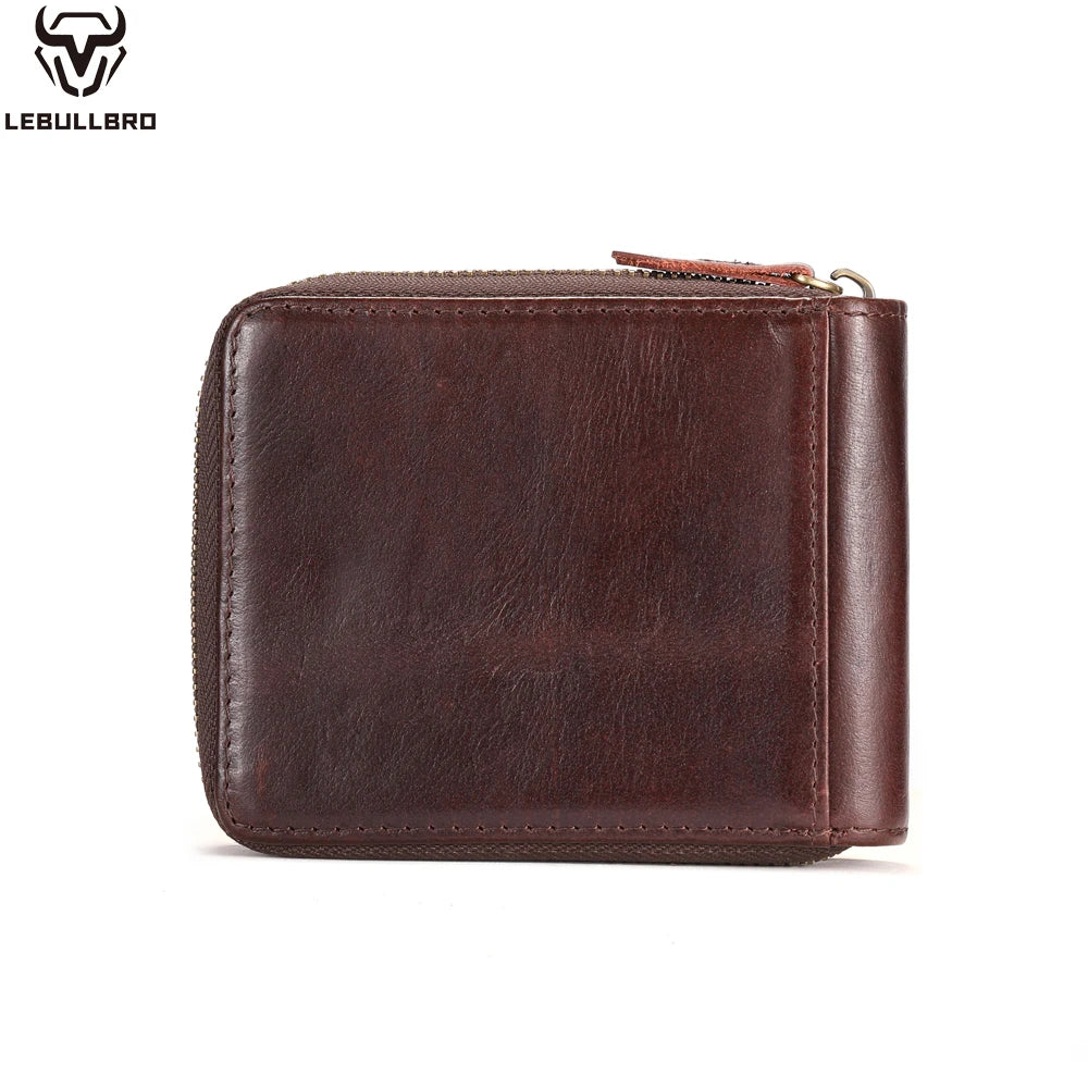 LEBULLBRO Mens Genuine Leather Zipper Wallet RFID Blocking Bifold Card Holder Wallet with coin pocket