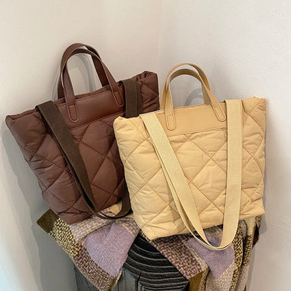 Women Nylon Shoulder Bag Quilted Large Purse with Inner Pocket Solid Color Satchel Bag for Work Travel