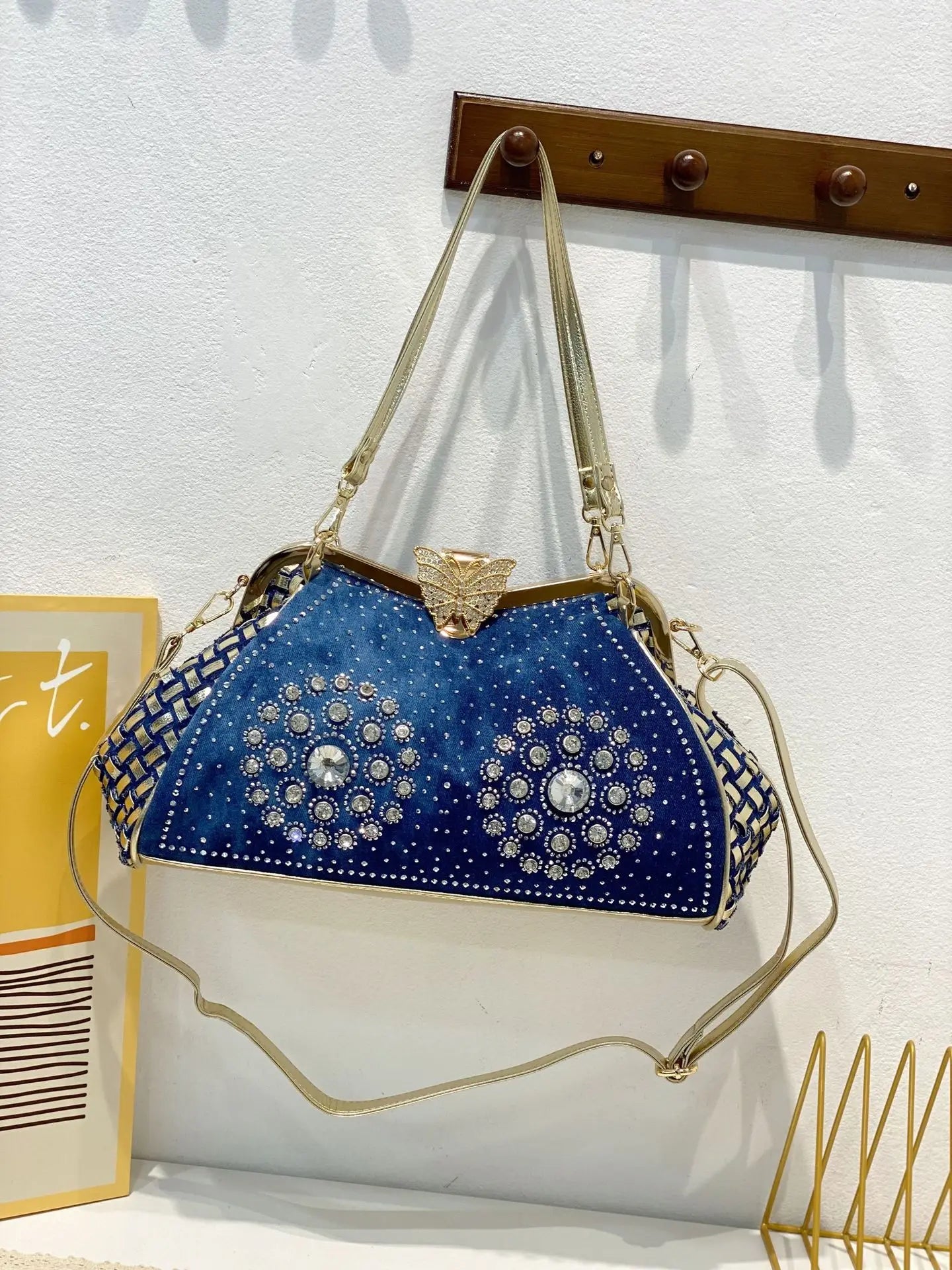 Diamond Denim Women Purses and Handbags with Shiny Rhinestone Jeans Crossbody Bag Shoulder Bag Evening Party Bag
