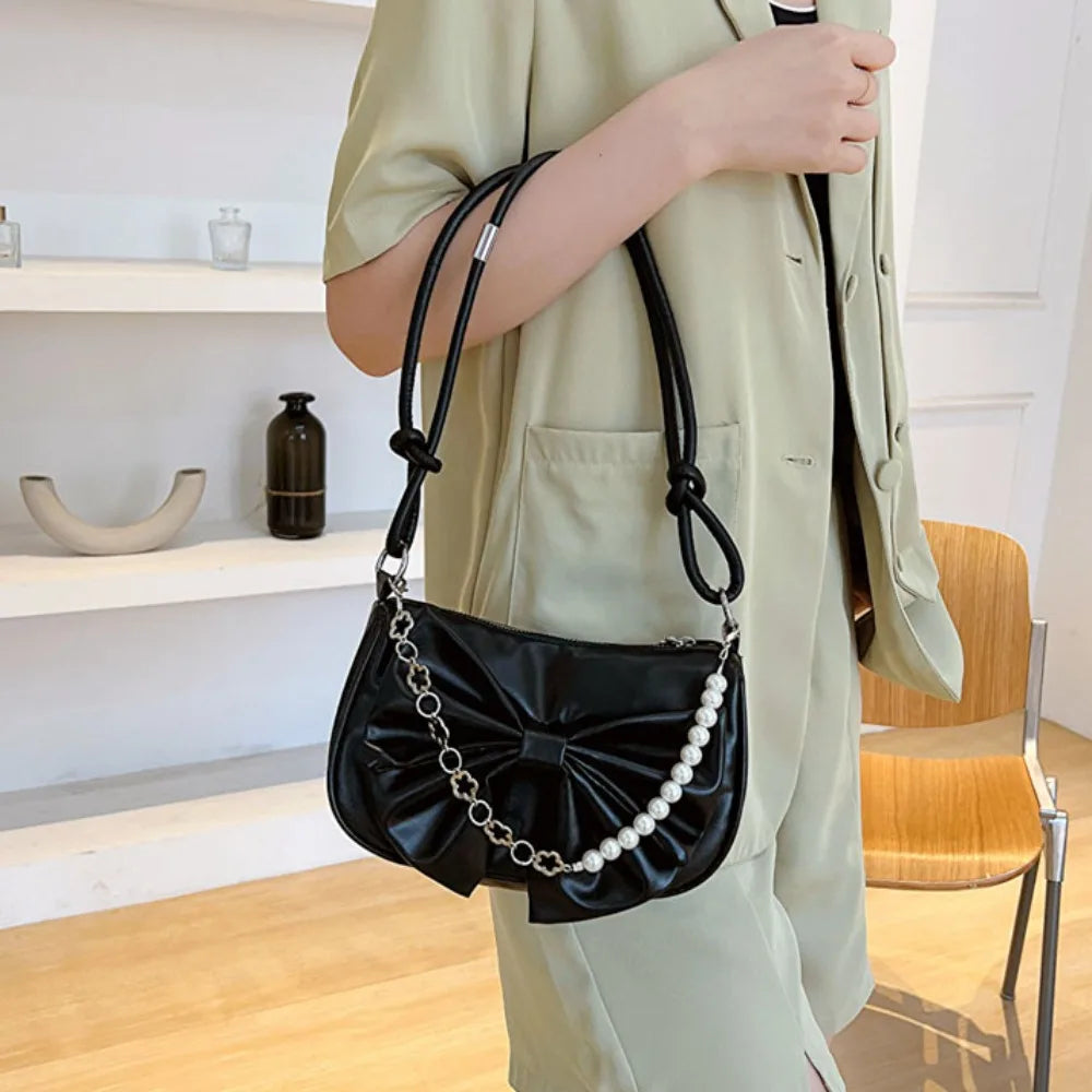 Trendy Pearl Bow Shoulder Bag Underarm Bag Daily Commuting Bag Casual Handbag Solid Business Women's Bag