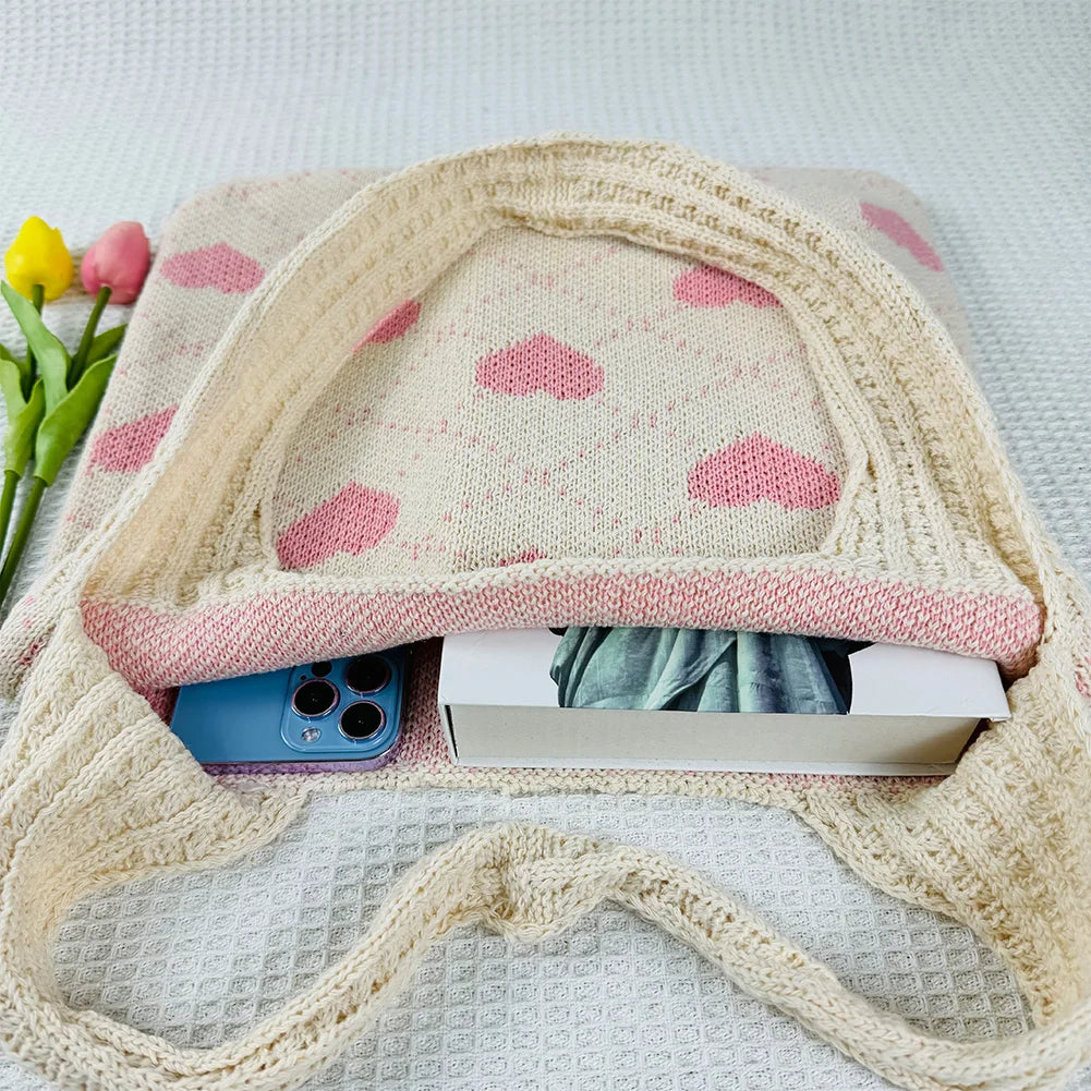 Summer Beach Bag for Women Heart Pattern Handbag Large Capacity Shoulder Bag Tote Bag for Vacation Travel