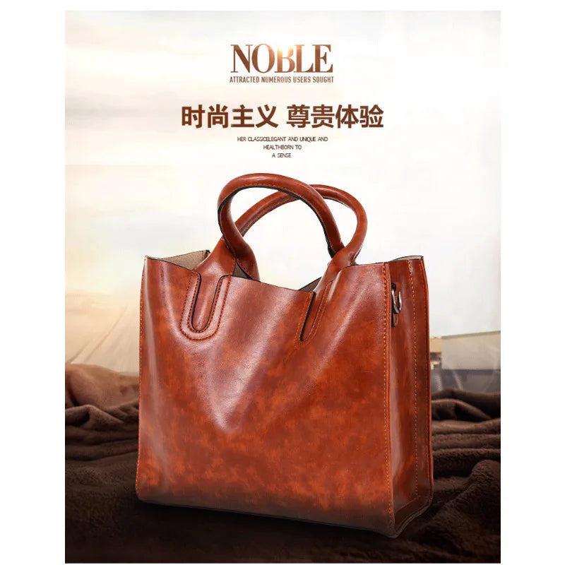 Women's Stylish Oil Wax Leather Handbag – European & American Fashion Tote with Crossbody Inner Bag