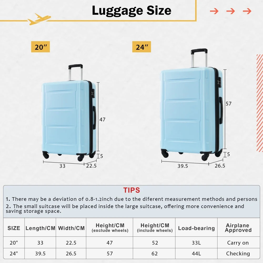 2 Piece Luggage Set Lightweight ABS Suitcases with TSA Lock 20inch & 24inch Expandable Spinner Wheels Travel Duffel Toiletry Bag