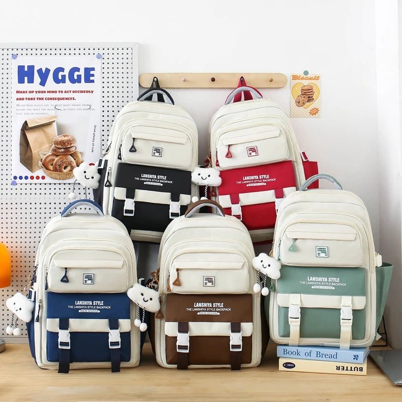 5pcs solid color backpack set, large capacity backpack, simple handbag and coin purse, casual crossbody bag, pencil case handbag