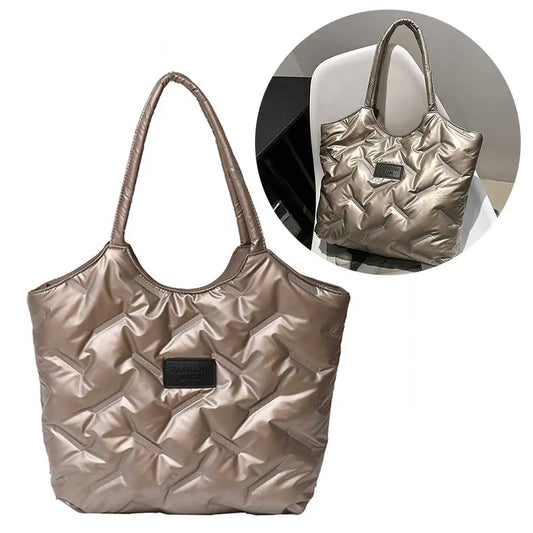 Women Solid Puffer Bag Versatile Quilted Shoulder Bag Big Capacity Down Tote Handbags Casual Winter Shopper Bag