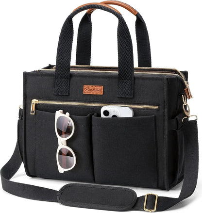 Canvas Tote Bag for Women, 15-Pocket Large Crossbody Handbag Bible Laptop Bag Zipper Bookbag for Teacher Work Travel College