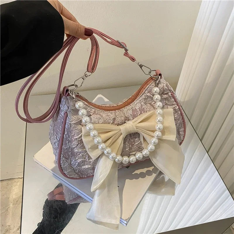 White Pleated Pearl Female Bag Vintage Luxury Designer Handbag Cute Bow Shoulder Bag Fashion Y2K Vintage Women's Purse Versatile