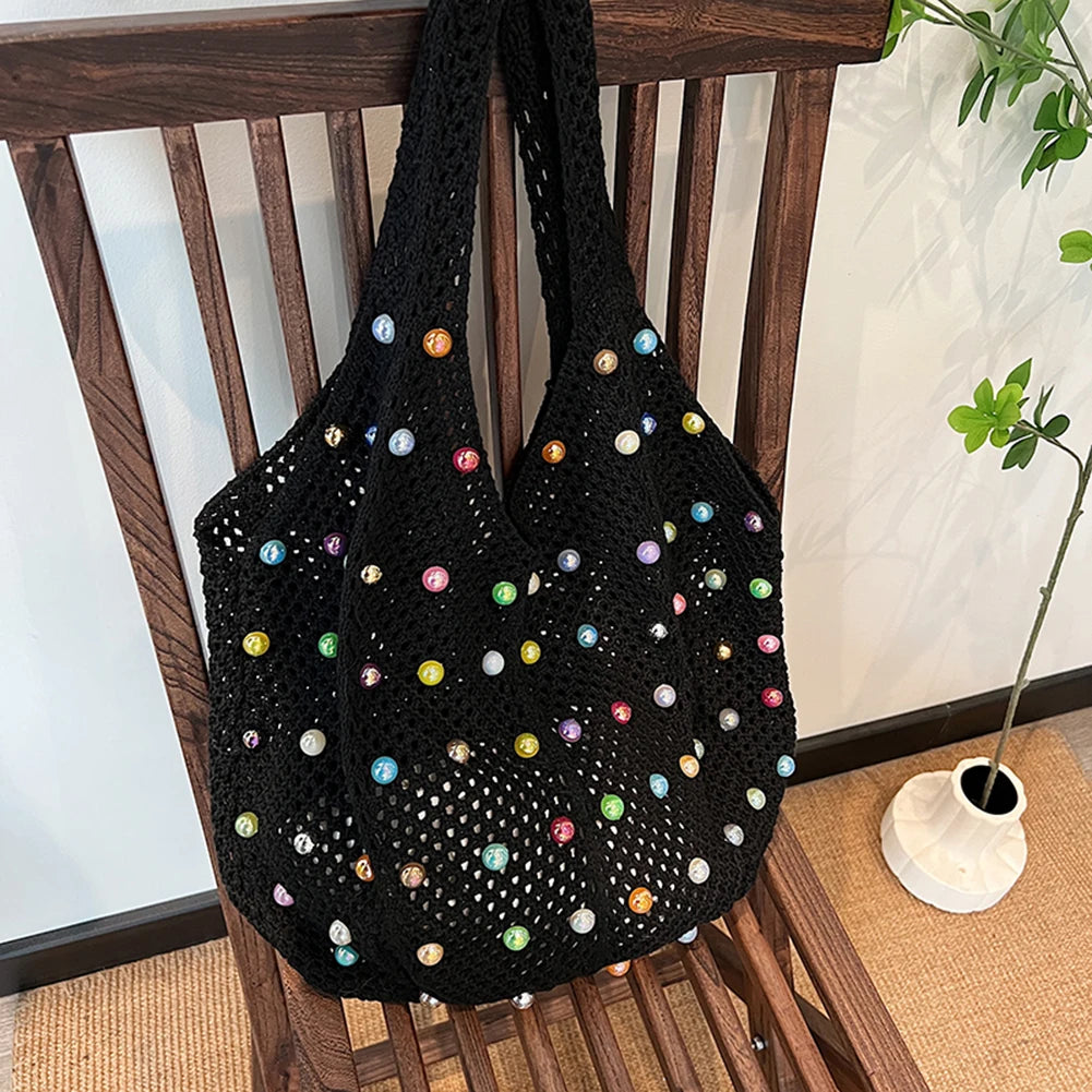 Women Boho Crochet Bag with Colored Beads Aesthetic Knit Bag Large Capacity Knitted Tote Handbag Ladies Daily Handbag