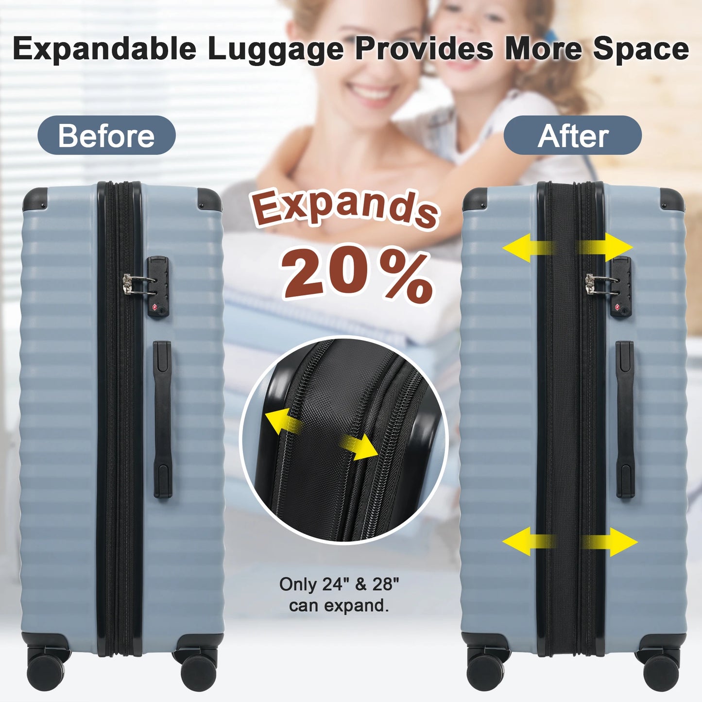 Luggage Sets 5 Piece with Front Opening , Hardside Expandable Carry on Suitcase with Spinner Wheels TSA Lock USB Port Cup Holder