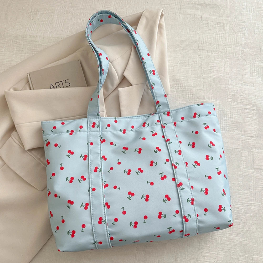 Cute Cherry Strawberry Print Casual Tote Bag Large Capacity Shoulder Purse Nylon Top Handle Bag Grocery Bag for Women