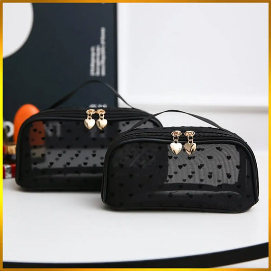 Heart Print Mesh Makeup Bags Zipper Women Mesh Cosmetic Bags Makeup Pouches Bags Items Storage Bags Travel Cosmetic Accessories