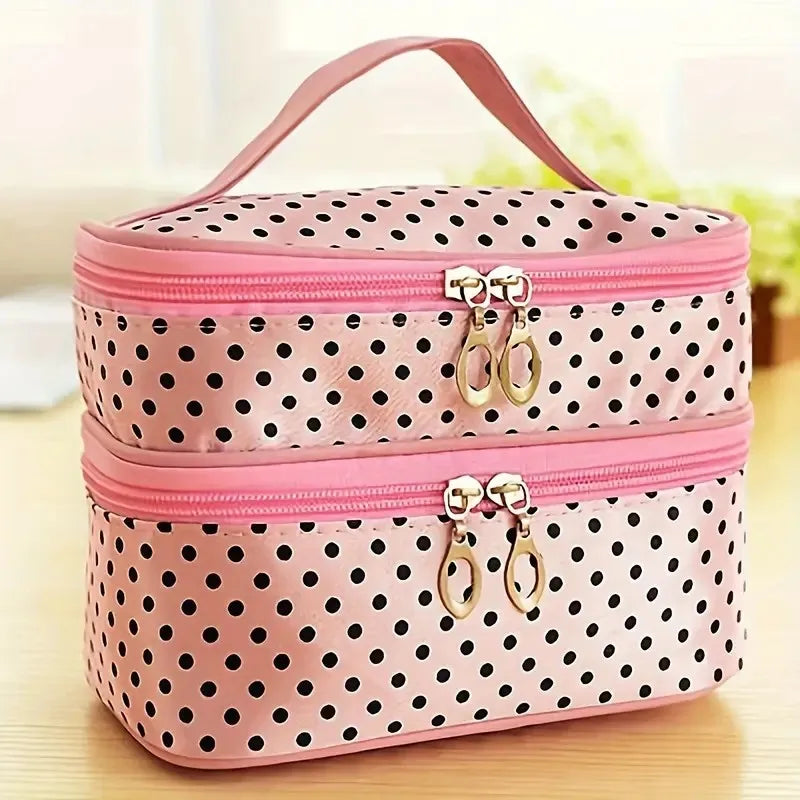 Double Layer Polka Dot Makeup Bag for Women, Travel Toiletry Organizer with Handle & Brush Holder, Cosmetic Pouch for Ladies