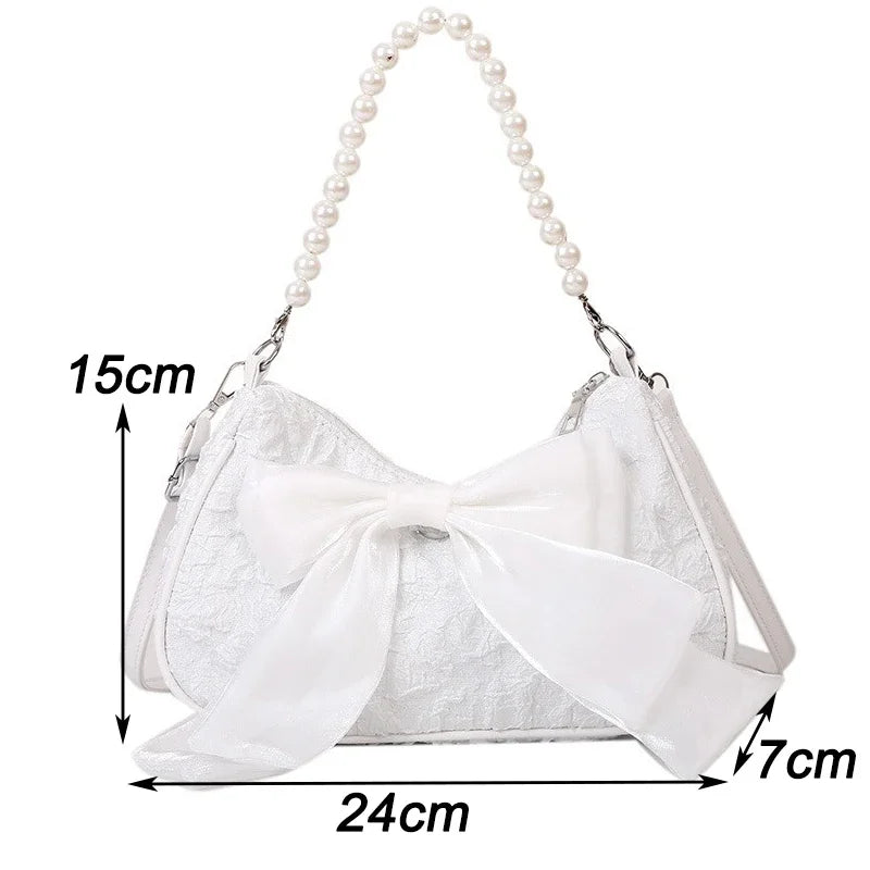 White Pleated Pearl Female Bag Vintage Luxury Designer Handbag Cute Bow Shoulder Bag Fashion Y2K Vintage Women's Purse Versatile