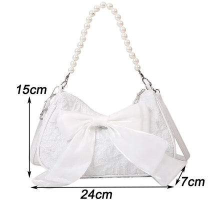 White Pleated Pearl Female Bag Vintage Luxury Designer Handbag Cute Bow Shoulder Bag Fashion Y2K Vintage Women's Purse Versatile