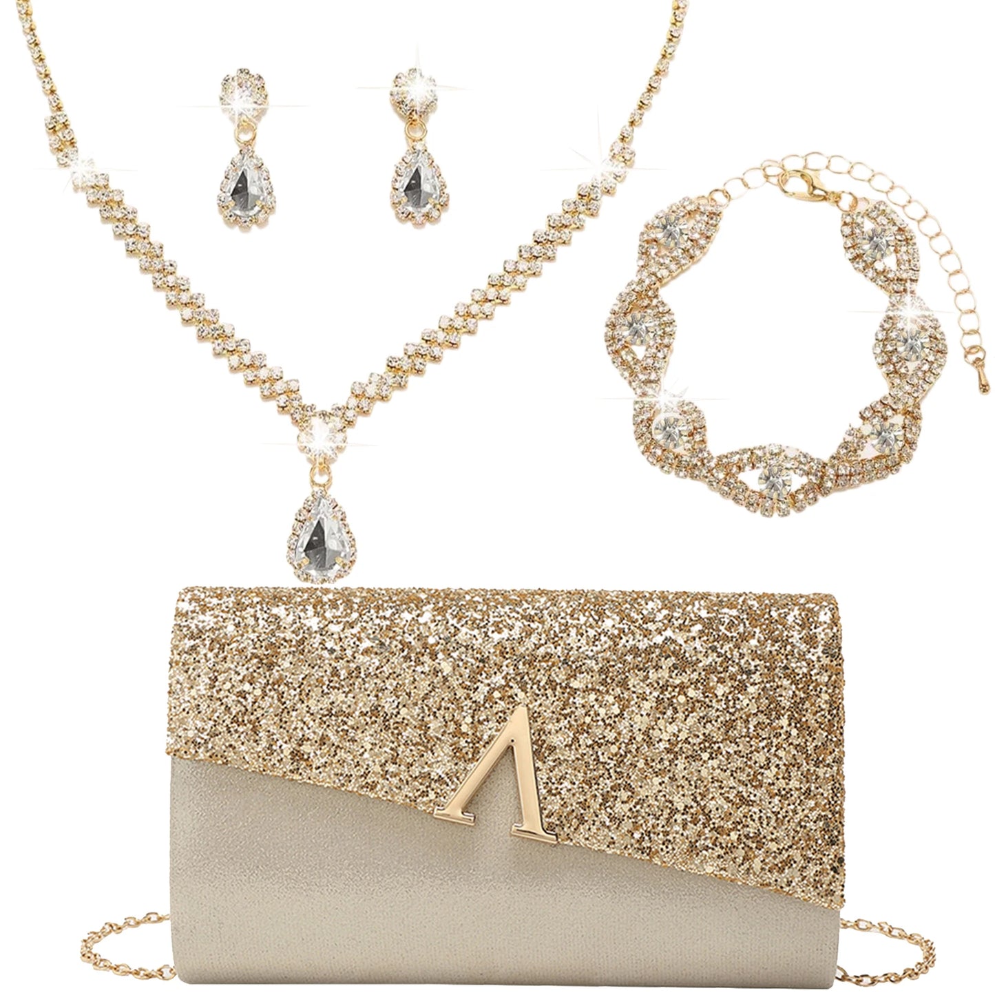 Evening Banquet Handbag Women Elegant Sparkly Flap Clutch Bag With Necklace, Earrings ,Bracelet 4Pcs Set Shoulder Wedding Purse