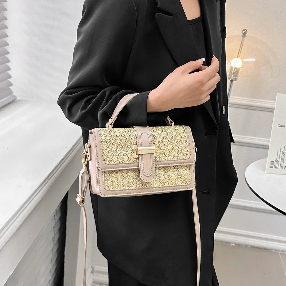 PU Leather Straw Crossbody Bag Flap Shoulder Bag with Adjustable Strap Holiday Travel Handbag Chic Satchel Purse for Women