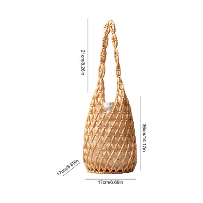 Women Beaded Bag Hollow-out Wooden Bead Tote Bucket Fashion Shoulder Bag Female Beach Handbag Storage Bag for Travels Shopping