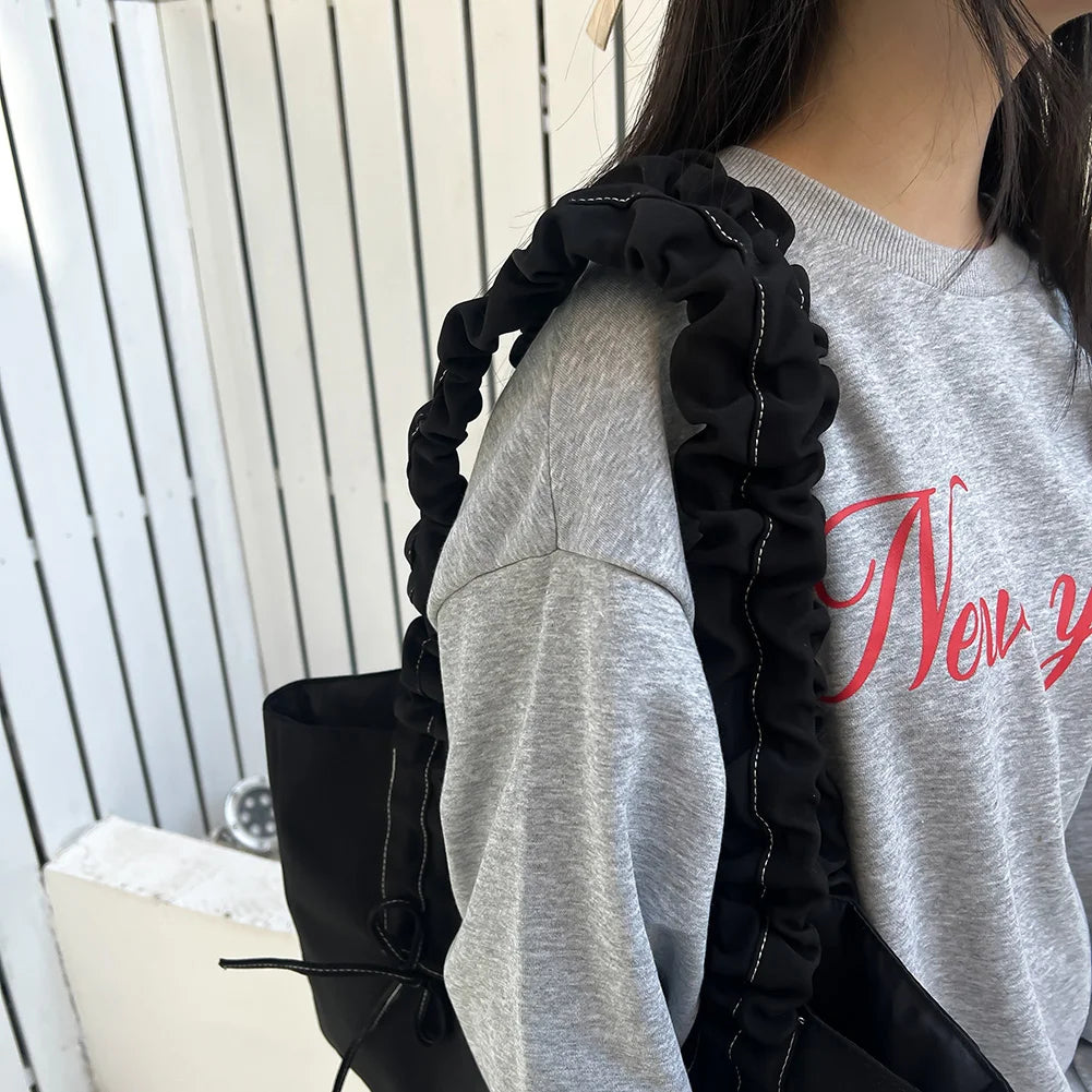 Women Nylon Tote Bag Fashion Shoulder Bag Solid Color with Bow Stylish Crossbody Bag Pleated Shoulder Strap Daily Sling Bag