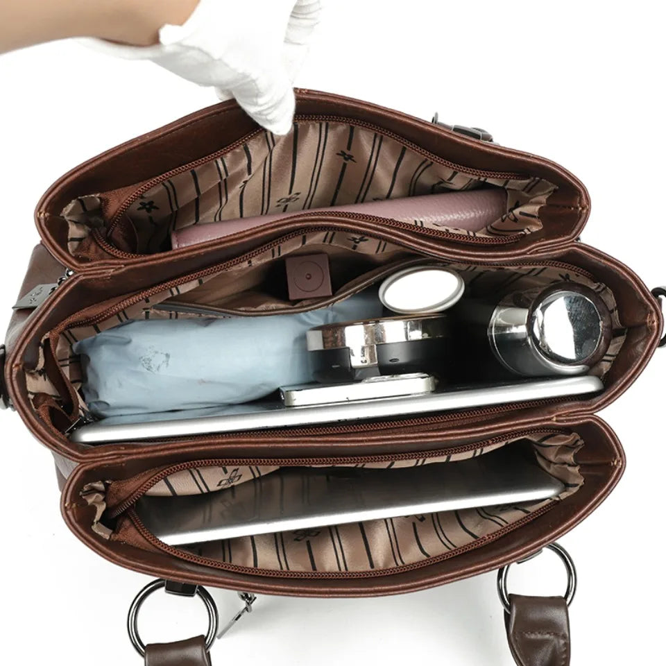 Retro Three Layers High Quality Leather Shoulder Crossbody Hand Bags for Women Vintage Casual Totes Designer Handbag Sac A Main