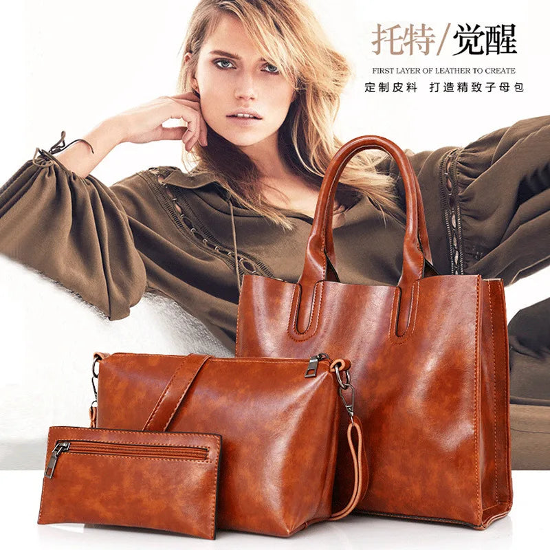 Women's Stylish Oil Wax Leather Handbag – European & American Fashion Tote with Crossbody Inner Bag