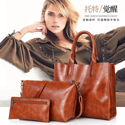 Women's Stylish Oil Wax Leather Handbag – European & American Fashion Tote with Crossbody Inner Bag