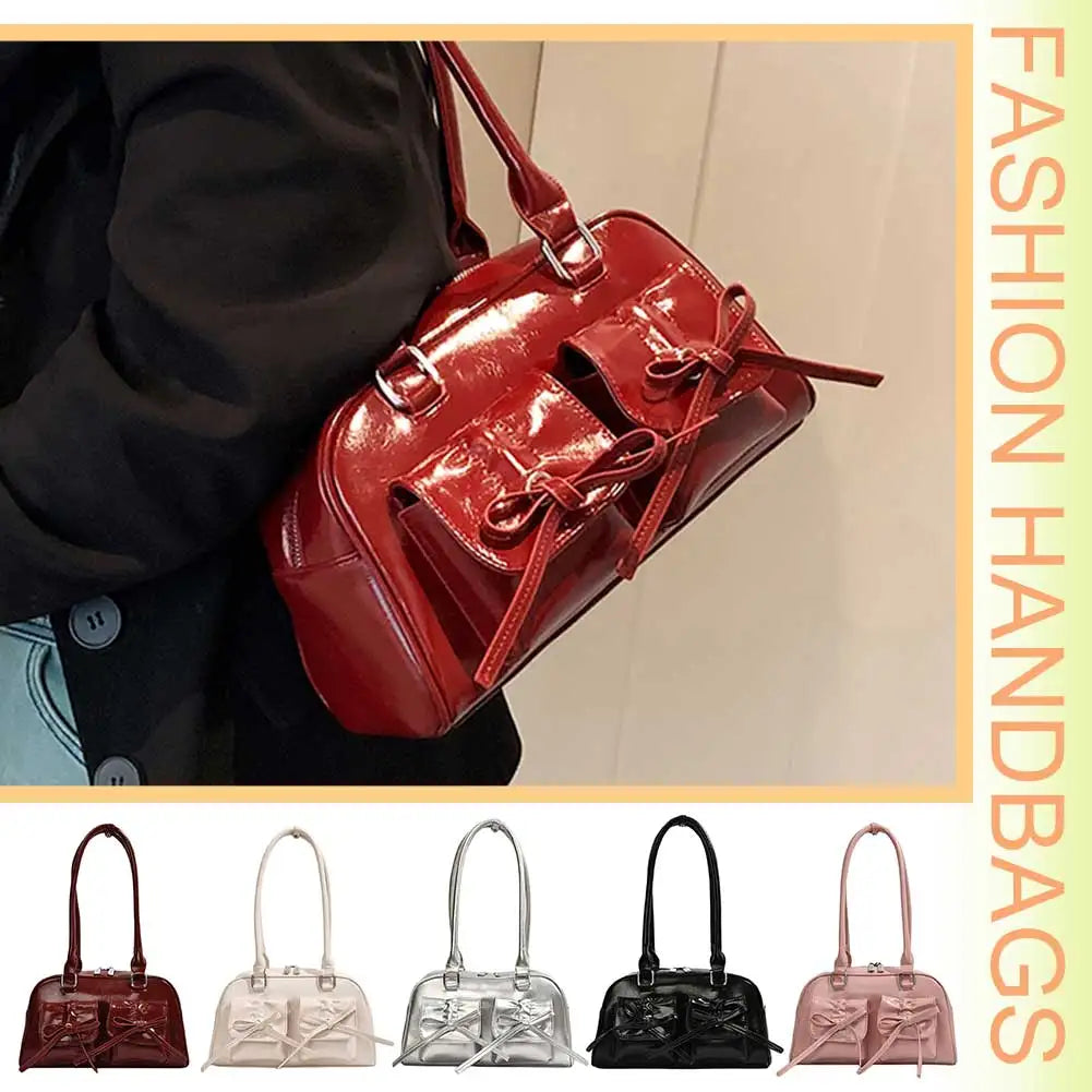 Women Trendy Handbags Double Pockets PU Leather Stylish Underarm Bag with Bow Casual Armpit Bag Solid Color for Travel Vacation