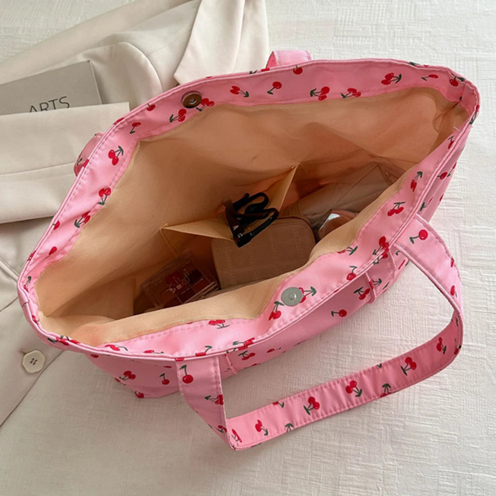 Cute Cherry Strawberry Print Casual Tote Bag Large Capacity Shoulder Purse Nylon Top Handle Bag Grocery Bag for Women