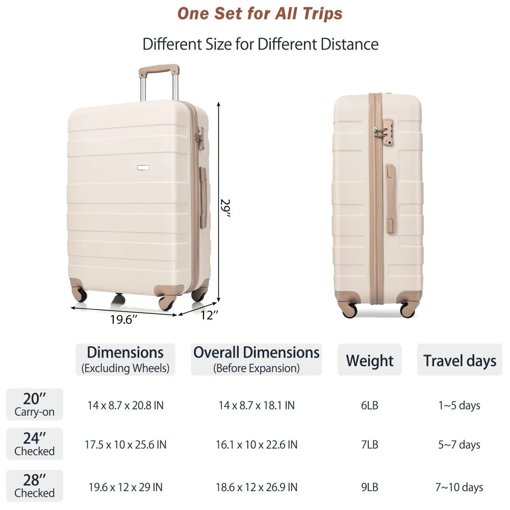 Luggage Sets 4 Piece ABS Durable Suitcase Travel Bag, Carry on Luggage Suitcase Set with 360° Spinner Wheels Ivory and Golden