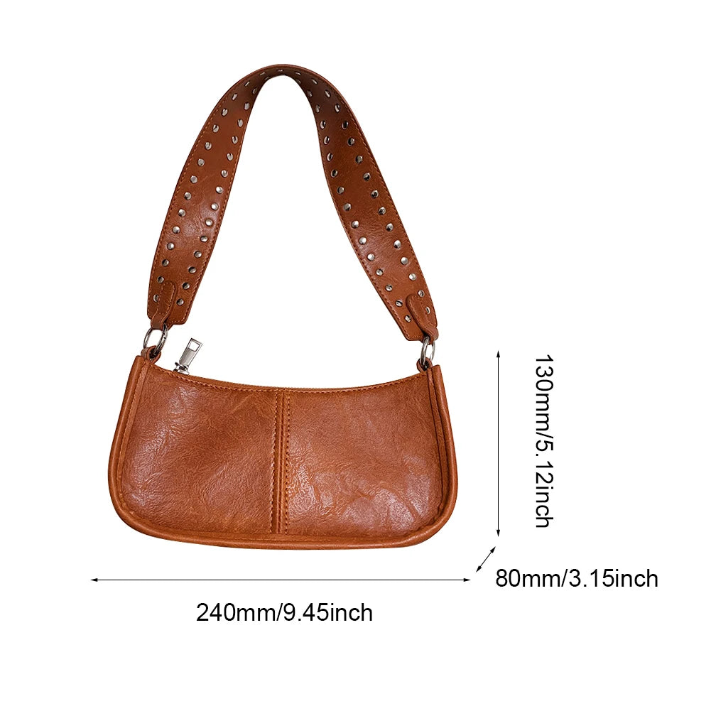 Women Underarm Satchel Bag Studded Decor Crossbody Bag Fashion PU Leather Retro Shoulder Bags Adjustable Strap Daily Handbag