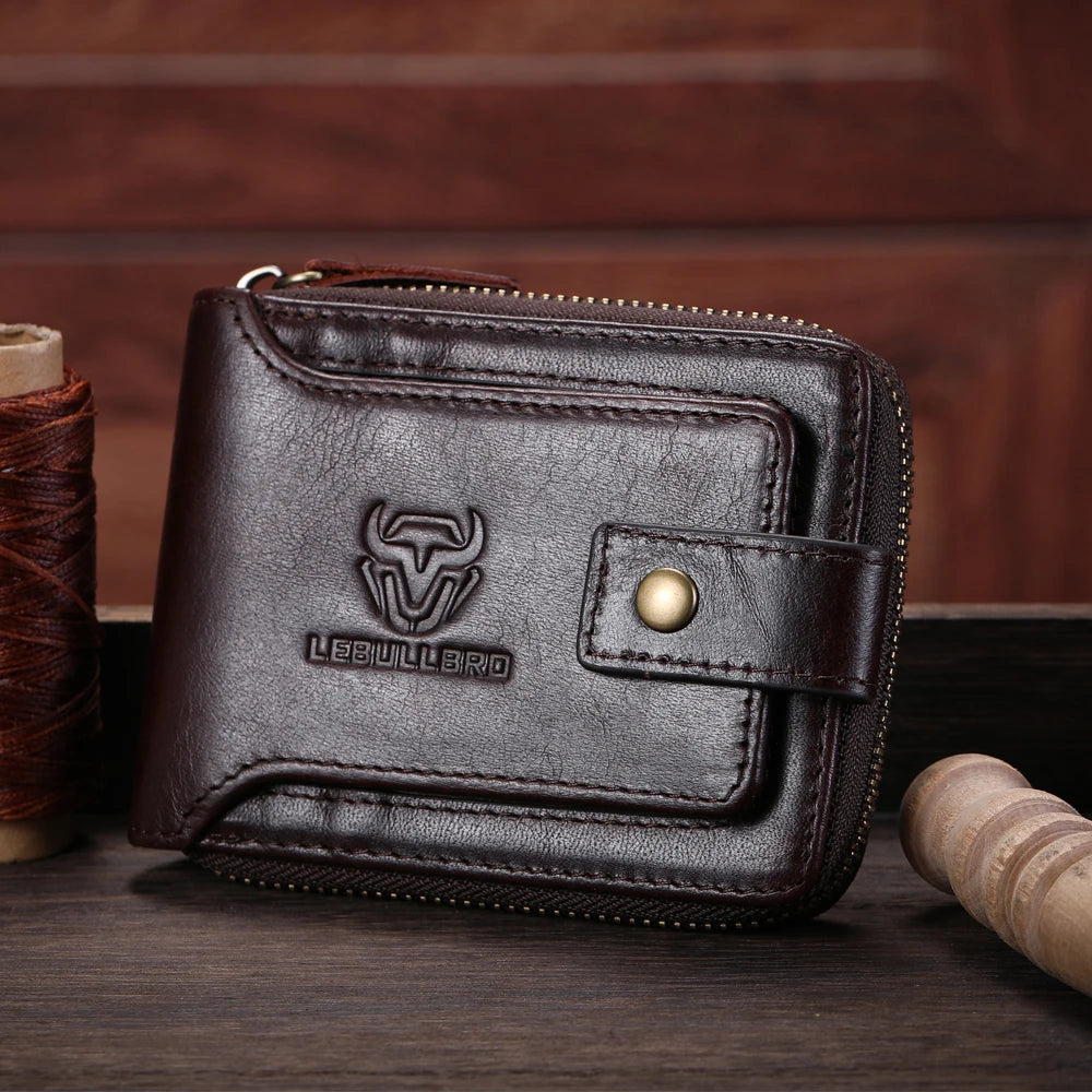 LEBULLBRO Mens Genuine Leather Zipper Wallet RFID Blocking Bifold Card Holder Wallet with coin pocket