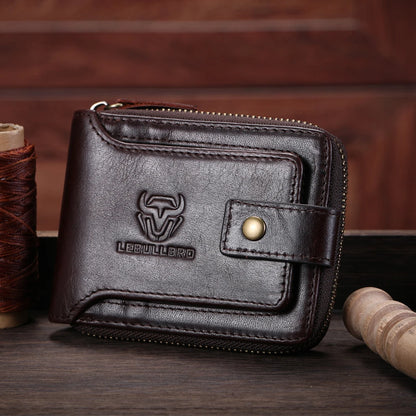 LEBULLBRO Mens Genuine Leather Zipper Wallet RFID Blocking Bifold Card Holder Wallet with coin pocket