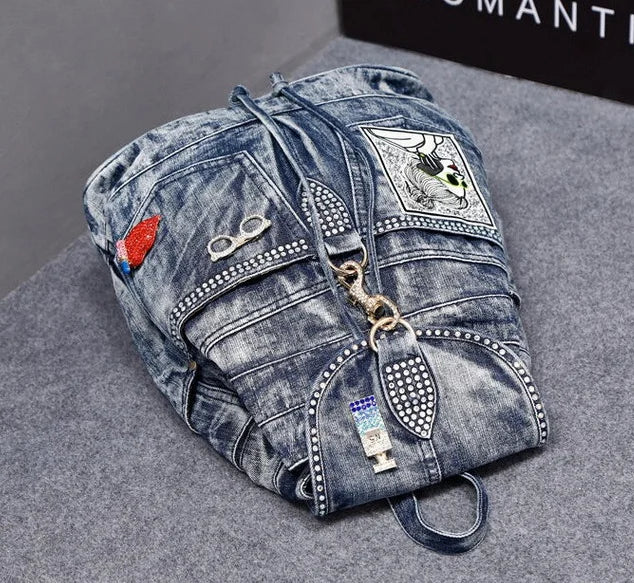 New in Fashion Denim Women Casual Backpack Large Capacity Jeans Shoulder Bag with Diamond Dec Female Backpacks