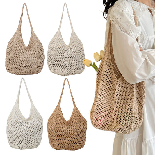 Women Knitting Shoulder Bag Solid Color Hollow Summer Bag Large Capacity Knitted Tote Handbag Ladies Daily Handbag
