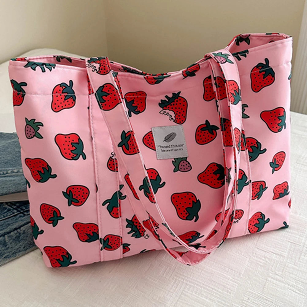 Cute Cherry Strawberry Print Casual Tote Bag Large Capacity Shoulder Purse Nylon Top Handle Bag Grocery Bag for Women