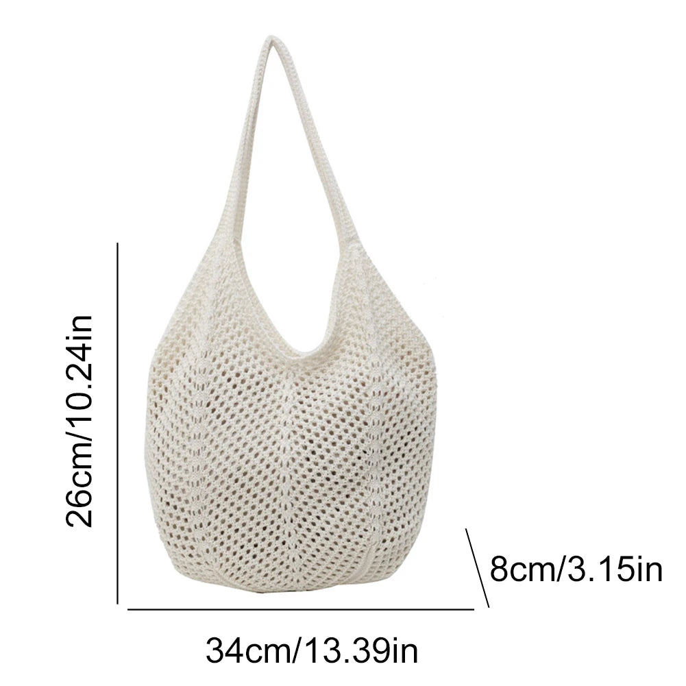 Retro Hand Knitted Shoulder Bag Fashion Women's Hollow Woven Handbag Large Capacity Solid Crochet Tote Bag Summer Mesh Beach Bag